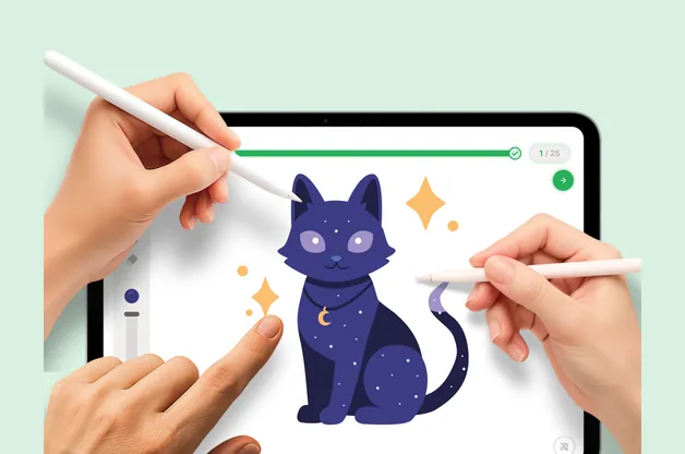 Hands drawing a magic cat lesson on iPad with Apple Pencil