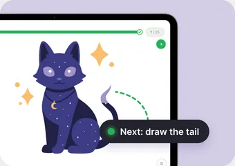 Lesson screen with a hint: Next: draw the tail